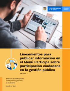 Portada de Lineamientos para publicar información en el Menú Participa sobre participación ciudadana en la gestión pública - Versión 1 - Mayo 2021